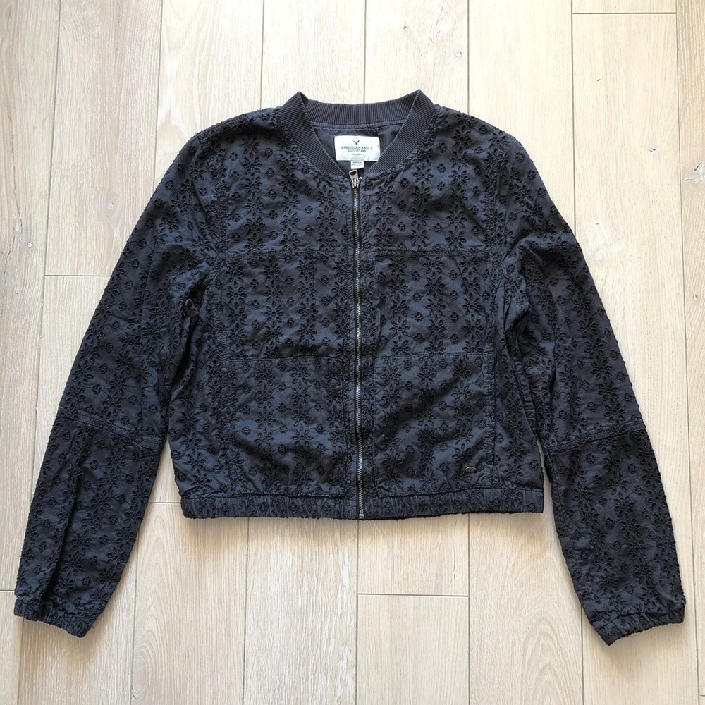 American Eagle Outfitters Eyelet Zip Up Bomber Jacket in Faded Black Size S